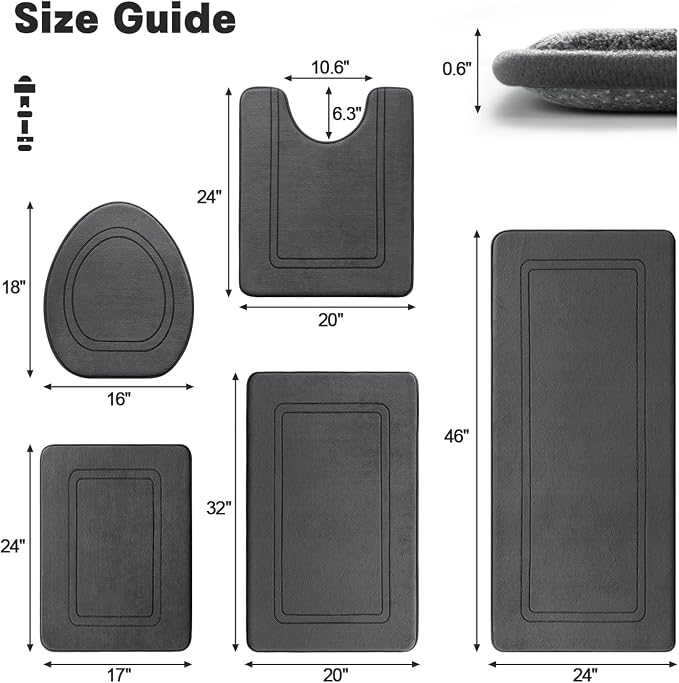 YIHOUSE Dark Grey Memory Foam Bathroom Rug Set 5 Piece,Ultra Absorbent, Non Slip Bath Mats，Washable Dry Quickly Bath Rug Set for Bathroom Floor, Dark Grey Bath Mat Set 5 Piece