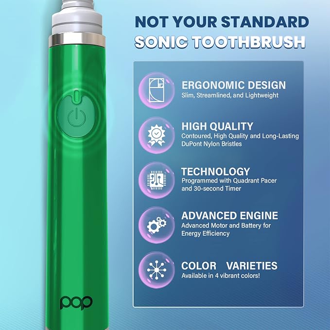Pop Sonic Ultimate Pro Rechargeable Toothbrush (Green) - 40,000 Strokes/Min - Dupont Nylon Bristles - Teens & Adults with Quadrant Pacer & Timer