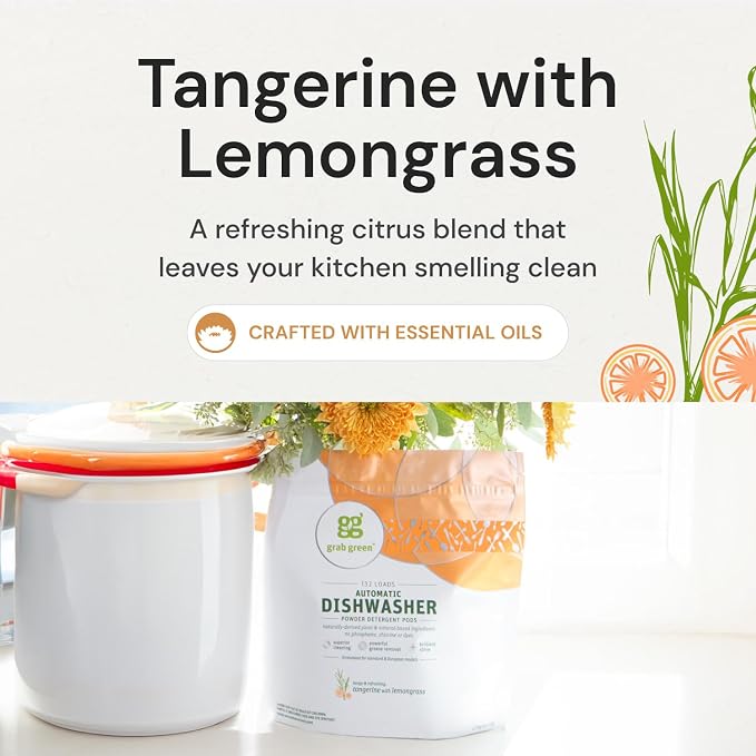 Grab Green Dishwasher Pods, 60 Count, Tangerine with Lemongrass | Plant & mineral based; Enzyme-powered; Velcro Closure; No Harsh Chemicals; Removes Grease and Stuck on Food