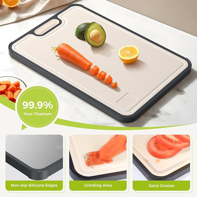 [2026 New Upgraded] Titanium Cutting Board for Kitchen, Cutting Board Double Sided Food Grade, Pure Titanium and PP, Easy to Clean Large Size 15.1”×10.2”