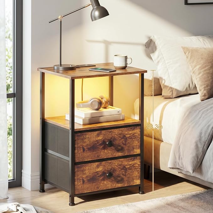 Nightstands Set of 2, LED Night Stand with Charging Station | Bedside Table with Type-C Outlets & 2 Fabric Drawers, End Tables with Storage Shelf for Bedroom, Small Spaces, Rustic Brown