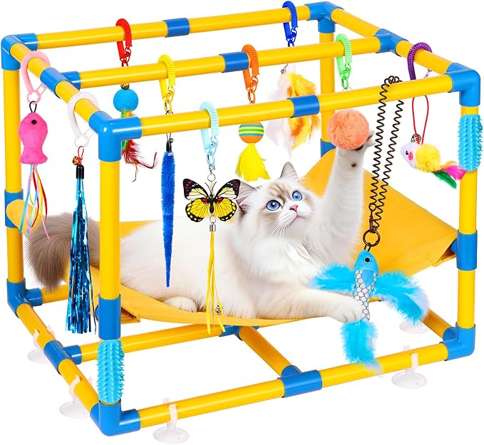 Cat Jungle Gym With Hanging Interactive Toys,Hammock Cat Activity Center For Kittens With Cat Self Groomer,Removable PVC Frame With Colored Spring Rope, Cat Enrichment Toys For Bored Indoor Adult Cats