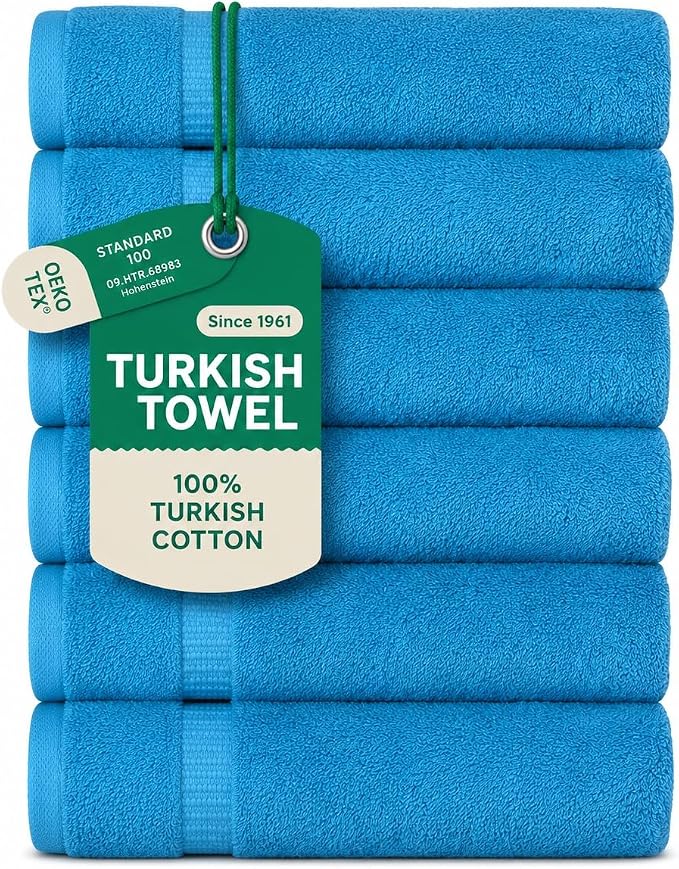SALBAKOS 6-Piece 100% Turkish Cotton Hand Towels, 16x30 inch, Aqua | Large Size Thick Super Soft Highly Absorbent, Versatile Hair Face & Hand Drying Towel, Premium Hotel Quality Made in Turkey