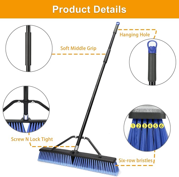 24 inches Push Broom Outdoor for Deck Driveway Garage Yard Patio Concrete Floor Cleaning-Blue