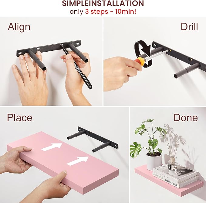 BAYKA Pink Floating Shelves for Wall Set of 3, 15.7in Wood Wall Shelves for Bathroom, Bedroom, Living Room Decor Organize, Hanging Shelf for Books/Storage/Display with 22lbs Capacity