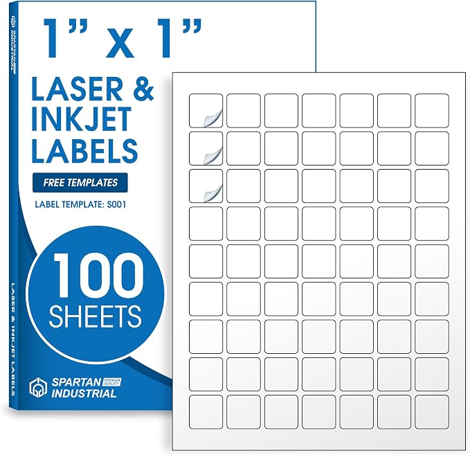 1" X 1" Matte White Printable Labels (100 Sheets, 6300 Stickers) Custom Stickers, Logo and Barcode Stickers for Laser & Inkjet Printers - Spartan Industrial Template S001
