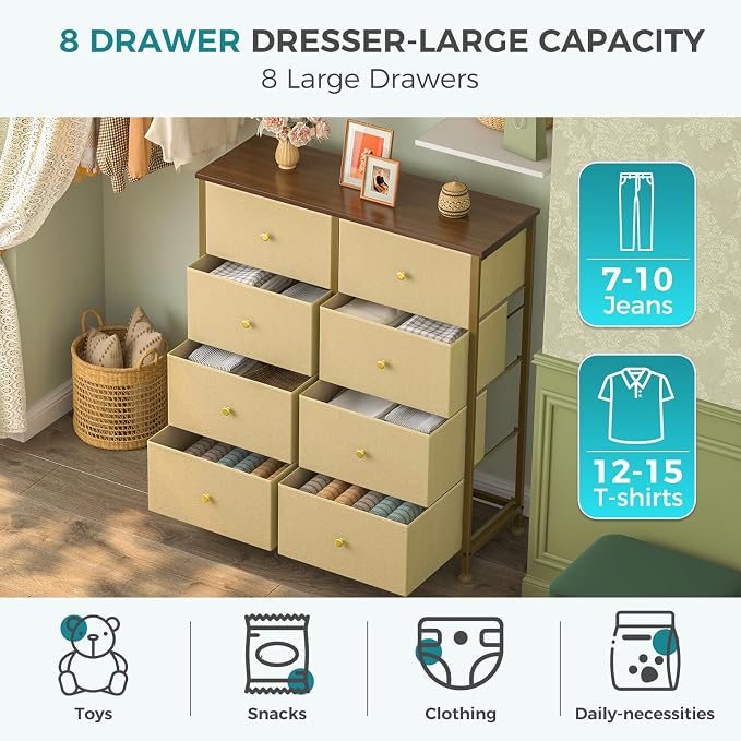 OLIXIS 8 Drawer Storage Dresser with Wood Top - Wide Fabric Chest Organizer for Bedroom, Closet, Living Room,Tower Cabinet, TV Stand, Hallway Entryway Furniture,Khaki