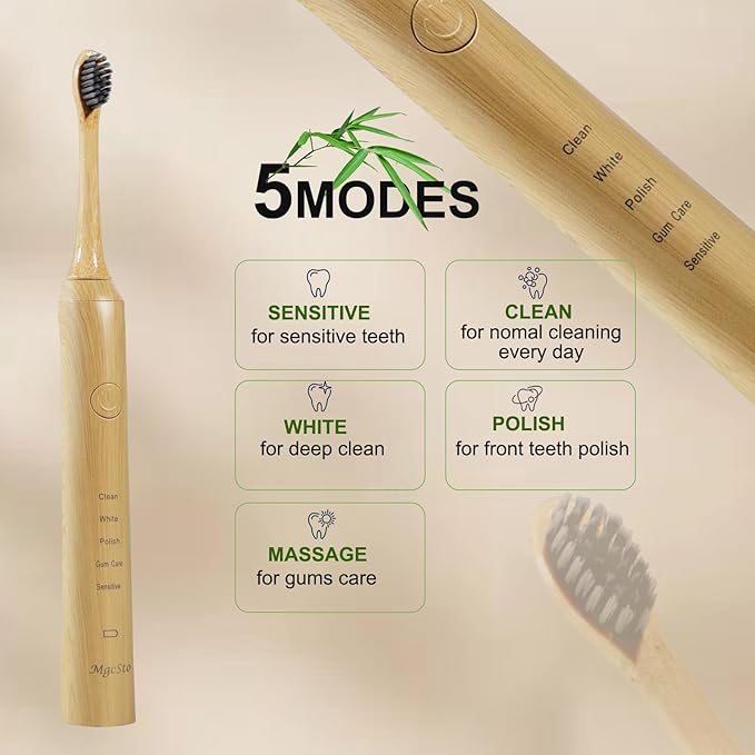 Sonic Bamboo Electric Toothbrush for Adults - Rechargeable Electric Toothbrush -4 Pack Bamboo Repalcement Brush Heads| 5 Cleaning Modes Long-Lasting Battery