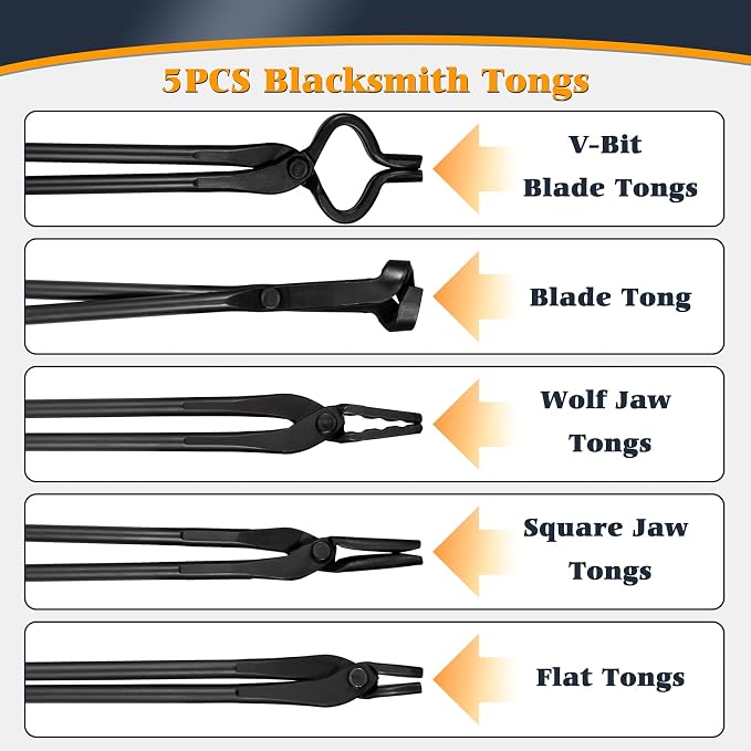 Blacksmith Tongs - V-Bit, Flat, Blade, Square Jaw, Wolf Jaw (5PCS) | Knife Making Forge Tong Set Assembled Steel Blacksmithing Bladesmith Bladesmithing