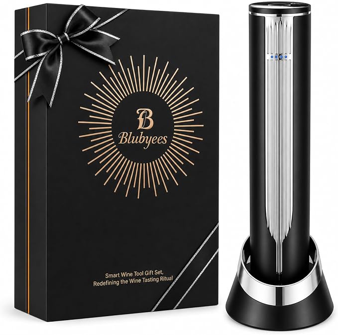 BLUBYEES Electric Wine Bottle Opener with Charging Base & Built-in Foil Cutter – Rechargeable Intelligent Touch-Activated Automatic Corkscrew – Luxury Christmas Wine Gifts for Women, Men, Seniors