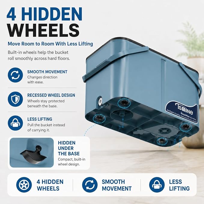 RinseWise Large Gen 1 Spin Mop and Bucket with Wringer, 2 Gal Clean Water Capacity, 4-Chamber Clean & Dirty Water Separation, 4 Swivel Wheels, 61" Handle, 6 Microfiber Heads for Hardwood & Tile Floors