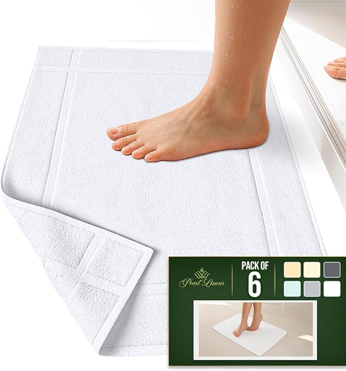 Pearl Linens Pack of 6 100% Cotton Bath Mat Towels, 20x30 inches, Soft & Absorbent Floor Towels for Bathroom, Not Bathroom Rugs, After Shower Mat, 687 GSM, Machine Washable, Airbnb Essentials, White