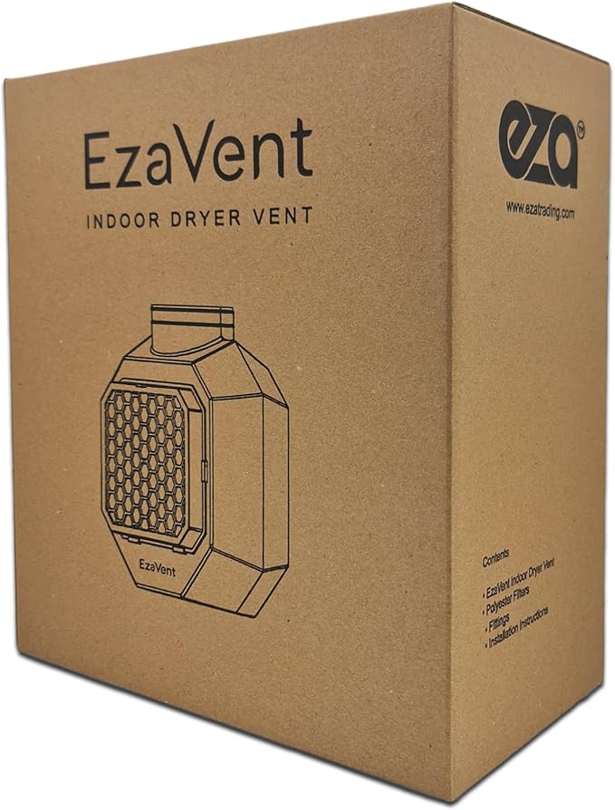 EzaVent Indoor Dryer Vent with 4 Polyester Replacement Filters and Fittings Only for Electric Dryers - 1 Year Warranty (Black EzaVent)