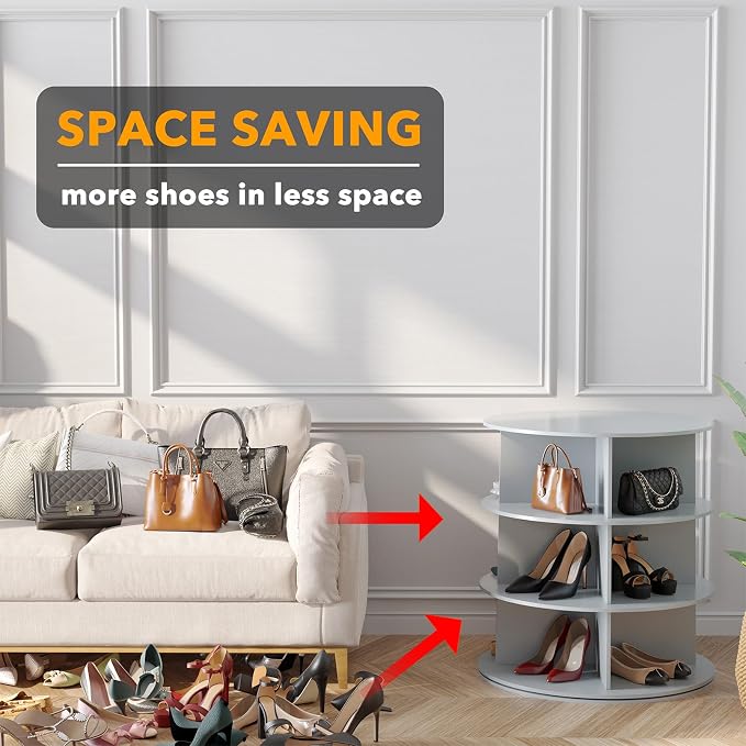 SpaceAid 3 Tier Rotating Shoe Rack Tower, Spinning Shoe Display Lazy Susan, Revolving 360 Shoe Rack Storage Round Carousel, Vertical Handbag Rotate Shoes Closet Organization (3-Tier Gray)