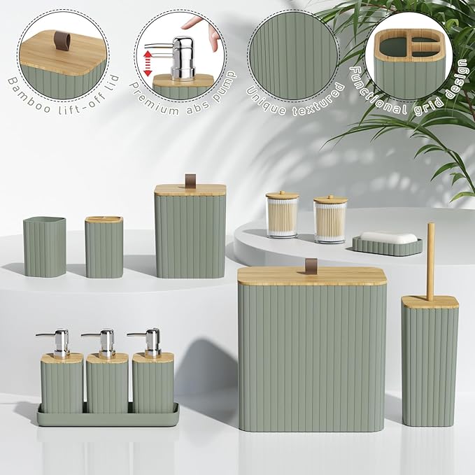 Bathroom Accessory Set - Sage Green Bathroom Set, 12PC Bathroom Accessories Set, Sage Green Bathroom Accessories Set, Mini Trash Can, Toilet Brush, Trash Can & Soap Dispenser