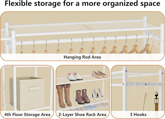 Wardrobe Closet,Portable Clothes Rack with 4 Tiers Shelves,Freestanding Closet Organizers and Storage System with Hanging Rods,Steel Clothing Rack Suitable for Cloakrooms,Bedrooms,Entrances,etc.White