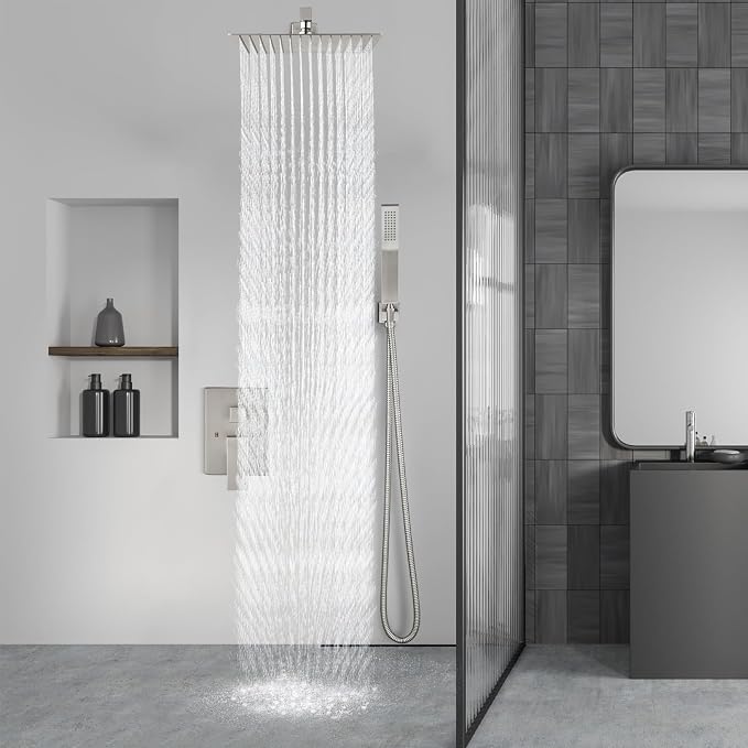 Aolemi Shower Faucet Set Rain Shower System with Handheld Spray Bathroom Shower Combo Rough-in Valve and Shower Trim Kit Included Brushed Nickel 10 Inch Wall Mount Shower Head