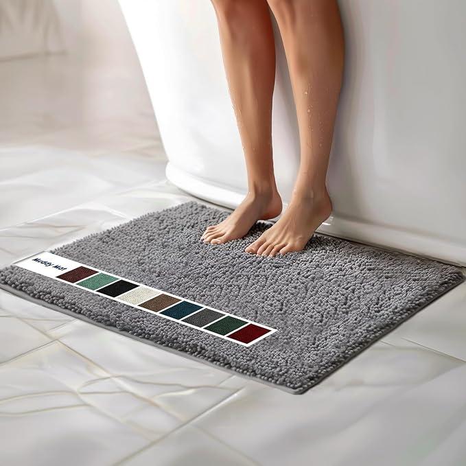 Muddy Mat® | Chenille Bathroom Rugs Quick Dry Microfiber Mats Non Slip Washable, Extra Thick, Soft and Highly Absorbent Bath Mats for Bathroom, Kitchen, and Shower Floor - Grey 24"x36"