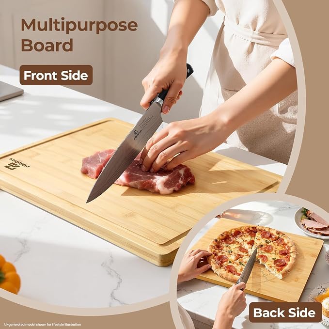 Large Bamboo Cutting Boards Set of 4 for Kitchen, Bamboo Charcuterie Chopping Board with Holder Non Slip, Steak Serving Tray with Juice Groove, Big Butcher Block for Cheese, Ideal for Gift