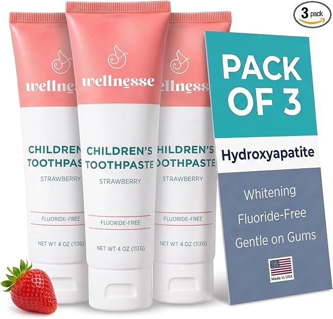 Hydroxyapatite Toothpaste, Whitening, Fluoride Free, Strawberry 4 Oz 3-Pack | Wellnesse Kids, Toddlers or Children, SLS Free, Xylitol Formula, Gentle Enamel Care, Fresh Breath and Daily Brushing Habits