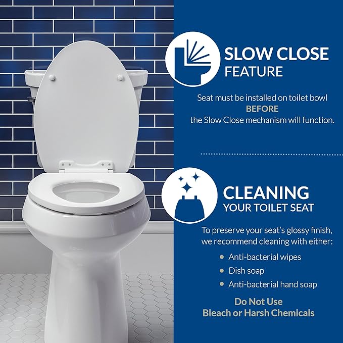 Mayfair Bennett Toilet Seat with Chrome Hinges, Slow Close Wood Seat, Secure Metal Hinges, Easy Install, Made in USA, Elongated, White