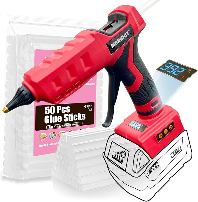 MONVICT Cordless Glue Gun for Milwaukee 18V Battery with 50 Glue Sticks | 100W Upgraded Digital Temperature Adjustable Handheld Electric Power Full Size Heavy Duty Glue Gun (Battery NOT included)