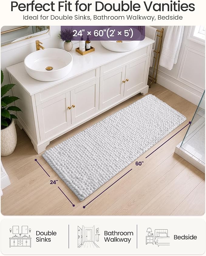 DEXI Bathroom Runner Rugs 60x24, Non Slip Washable Long Bath Mat, Luxury Chenille Super Absorbent Ultra Thick Bathmats for Shower Floor, Plush Fluffy Shaggy Carpet for Tub, White