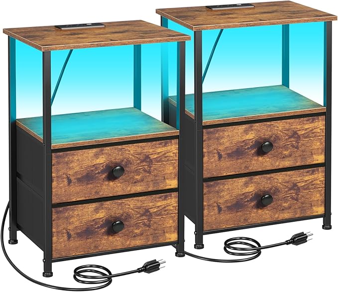 Nightstands Set of 2, LED Night Stand with Charging Station | Bedside Table with Type-C Outlets & 2 Fabric Drawers, End Tables with Storage Shelf for Bedroom, Small Spaces, Rustic Brown