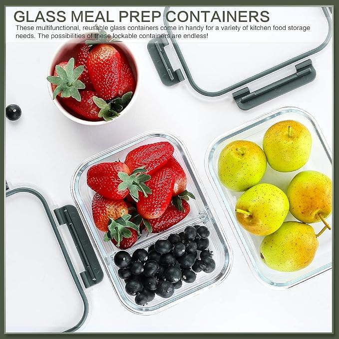 10 Packs 30 oz Glass Meal Prep Containers with Lids | Glass Food Storage Containers with Lids, Airtight Lunch Bento Boxes, Microwave, Freezer and Dishwasher, Gray