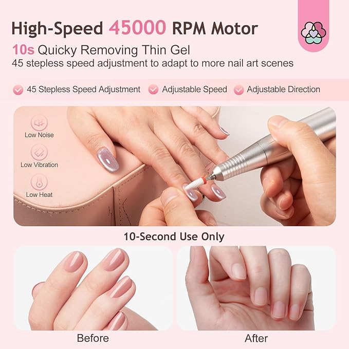 SAVILAND Professional Nail Drill Kit: 45000RPM Portable Nail File Machine for Remove Acrylic Gel Nail Rechargeable 2000 mAh Electric Nail File for Nail Salon Manicure Pedicure at Home
