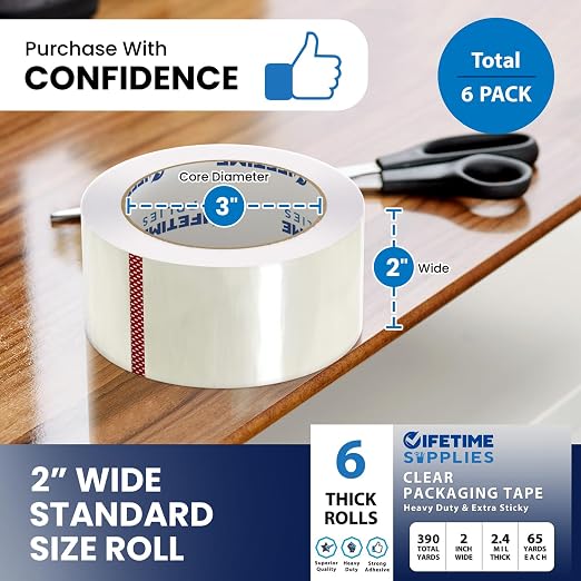 Lifetime Supplies 6 Rolls | 2.4 mil Clear | 65 Yards Each (390 Yards Total) | 2" Premium Packing Tape Heavy Duty Packaging Tape for Shipping Moving Stronger Thicker