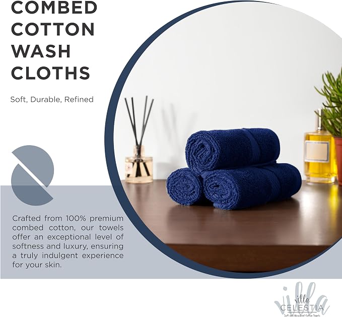 Villa Celestia Cotton Washcloths Set of 12, 12x12 Inch, 100% Ring-Spun Combed Cotton, Soft Absorbent Quick-Dry Wash Cloths for Face and Body, Oeko-TEX Certified, Hotel & Spa Quality, Navy Blue