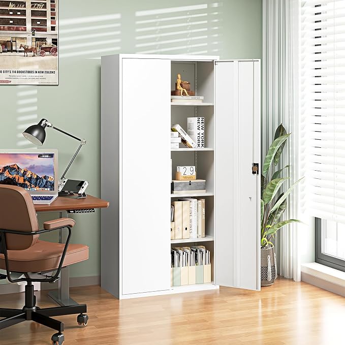 Metal Garage Storage Cabinets with Lock Door and Adjustable Shelves, Steel Tool Cabinets for Home,Office,Warehouse Organisieren (White, 71" H)
