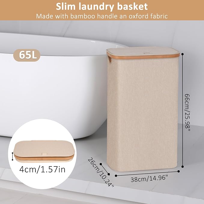 iEGrow 65L Slim Laundry Hamper, Narrow Laundry Basket with Lid,Foldable Clothes Hamper with Bamboo Handles,Hamper Basket with Removable Inner Bag for Laundry Room Bedroom College Dorm,Oatmeal