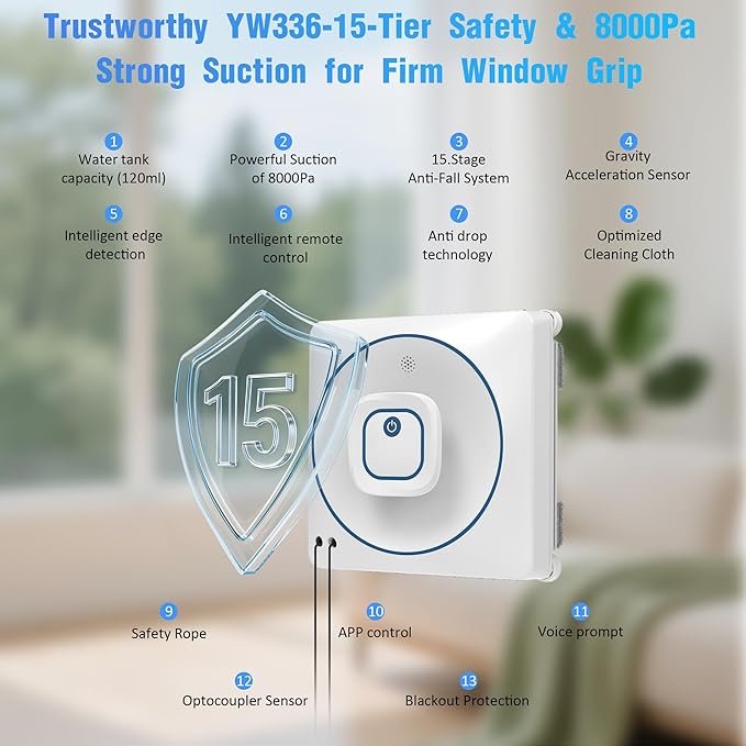Window Cleaner Robot with 4 Cleaning Modes, 8000Pa Suction Dual Direction Auto-Spray Window Cleaner, Intelligent Path, Edge Detection, Remote Control, 15-Stage Anti-Fall System for Windows