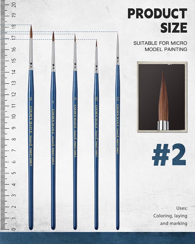 Kolinsky Sable Brushes, Golden Maple Miniature Paint Brushes Natural Hair Professional Pointed Round Brush for Model Painting, Watercolor Details, Acrylic Gouache Inks Painting, Size 2 1 0 00 5/0