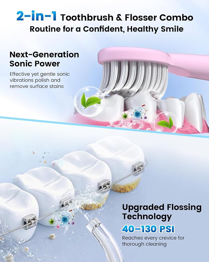 JTF Electric Toothbrush & Water Flosser Combo, 2-1 Portable Oral Clean Kit | Effective Yet Gentle Brushing & Flossing, Multiple Modes for Braces & Sensitive Teeth Care, Cordless for Home Travel, Pink