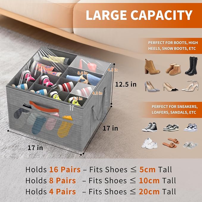 Aokeyee 2 Pack Shoe Organizer for Closet, Stackable Shoe Storage Box, Grey | Fits up to 32 Pairs, Space Saving, Foldable, Shoes Organizer Bin with Clear Cover, 4 Reinforced Handles