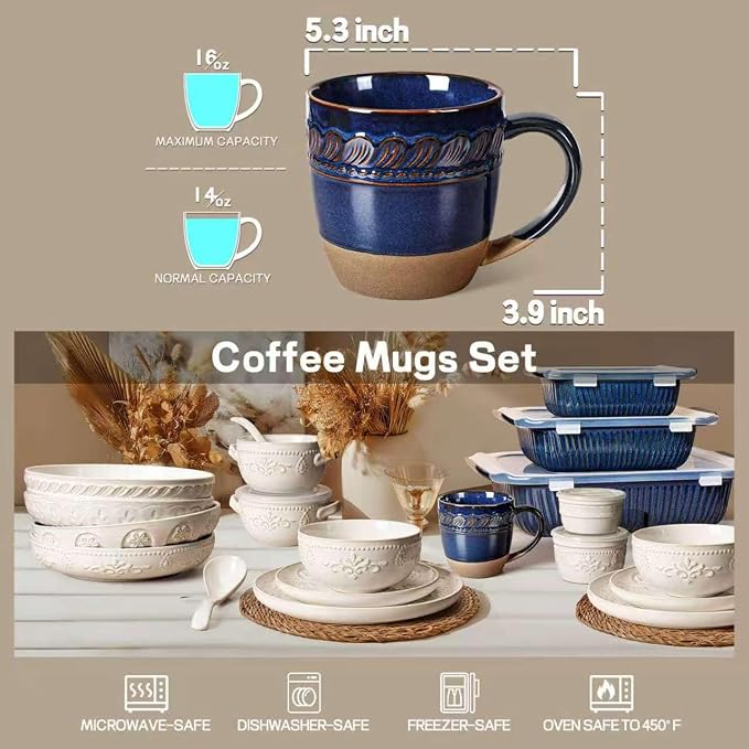 Artena Ceramic Coffee Mugs Set of 4, 16oz Embossed Large Latte Mugs Coffee Cups with Handle for Tea, Latte, Cappuccino & Cocoa, Milk Dishwasher & Microwave Safe, Blue (Willow Leaf)