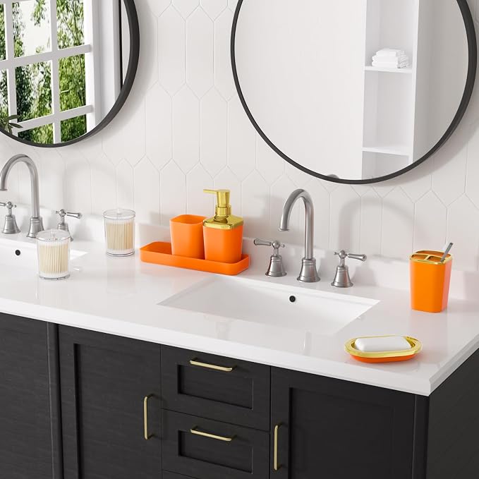 XLHOMO Bathroom Set, 9PC Bathroom Accessory Set, Orange Bathroom Accessories, Orange Bathroom Set, Trash Can, Soap Dispenser for Home Decor