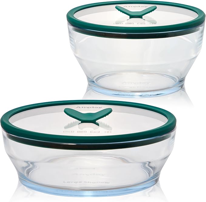 Anyday 4-Piece Large Glass Food Storage with Lids (Clear Kale) | Microwave Steamer, Plastic-Free Meal Prep, Stackable Airtight Storage Container, Vented Glass Lid, Microwave-Safe Reheating