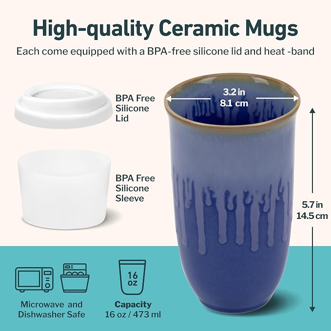 NOVA CERAMICS Ceramic Tumbler– Blue Ceramic Mug – Microwave & Dishwasher Safe Coffee White & Orange Tumbler - Leak-Proof Coffee Travel Mug – 16oz – Neptune