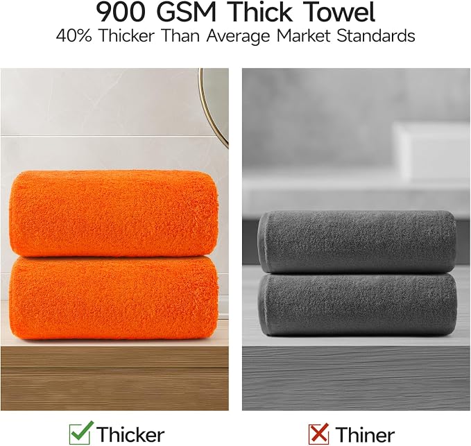 REDKISS 2 Piece Luxury Bath Towel Set - 31x62 inch Oversized Thick Bath Sheets, 100% Cotton, 900 GSM, Super Soft, Highly Absorbent, Quick Dry Large Shower Towels for Bathroom, Pool, Gym, Spa, Orange