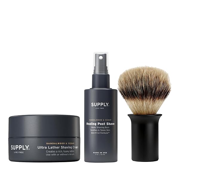 SUPPLY Men’s Shave Accessories Set – Ultra Lather Shaving Cream 3.4oz, Alcohol-Free Aftershave Spray 2 oz, and Synthetic Shaving Brush – Sandalwood Cedar/Matte Black