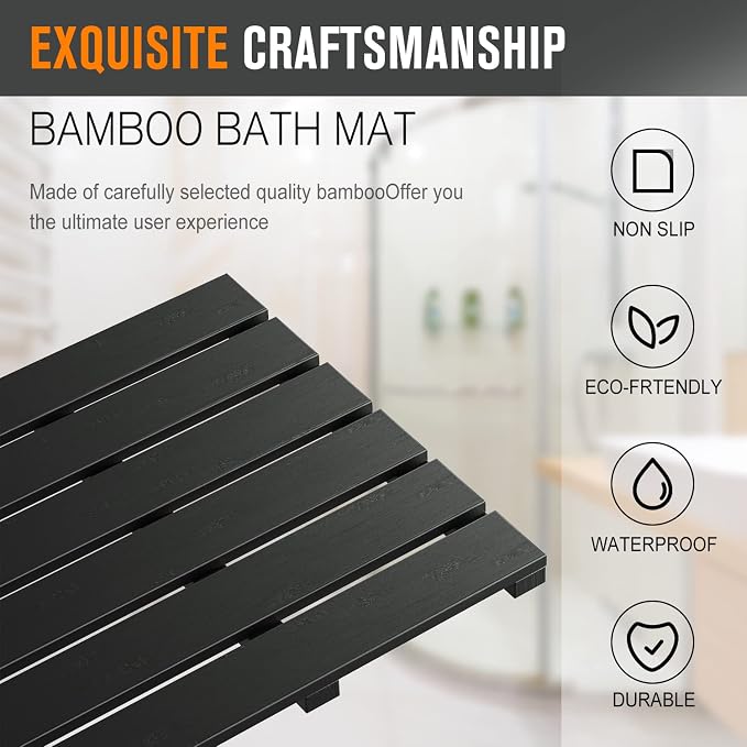 Bath Mat for Bathroom Luxury Shower - Non-Slip Bamboo Wooden Waterproof Floor Mat for Indoor or Outdoor Use(Black)