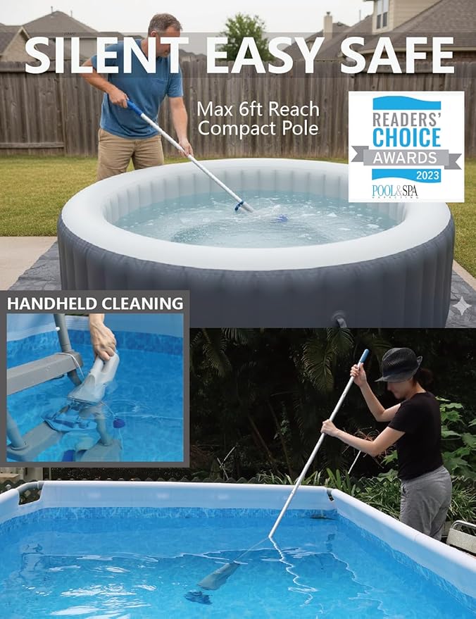 KOKIDO Cordless Handheld Pool Vacuum for Above Ground Pool, with 6ft Pole and 2 Vac Brush Heads, Ideal for Spot Cleaning Small Inground Pool Spa up to 20ft, Rechargeable, 60min, Sand and Light Debris