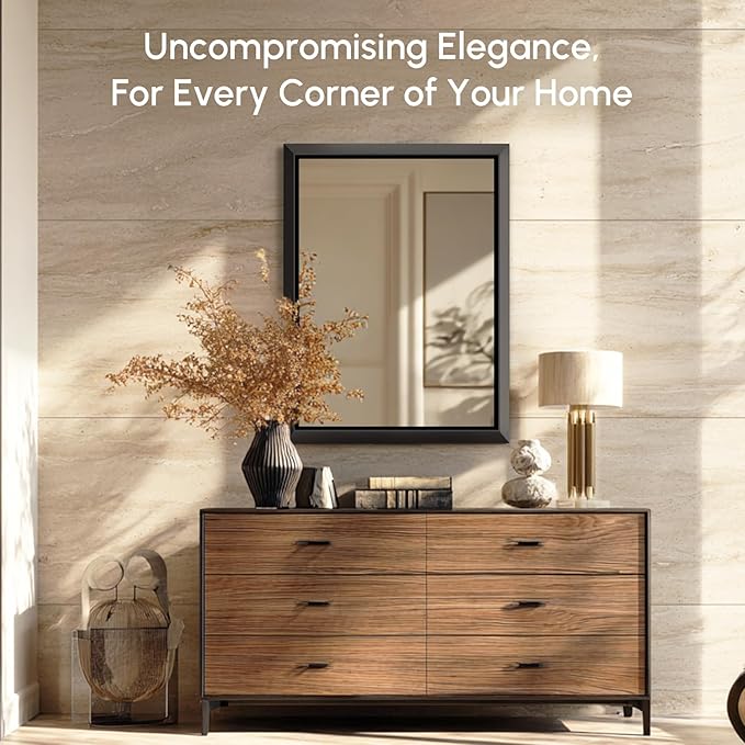 USHOWER 30x40 Inch Floating Bathroom Mirror - Brushed Black Wall Mirror for Over Sink, Beveled Aluminum Frame, Anti-Rust, Rectangular HD Reflection Large Vanity Mirror(Copper-Free Silver Coating)