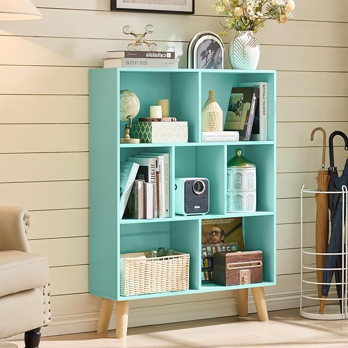 LEYAOYAO Cube Bookshelf, Mid-Century Modern Book Shelf with Legs, Green | 3 Tier Bookcase, Rustic Wood Bookshelves Freestanding Small Storage Organizer, Open Shelves for Bedroom, Living Room, Office