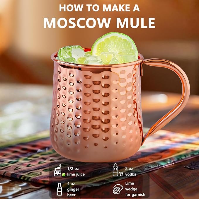 UNISWEET Moscow Mule Pure Copper Mugs - Set of 4-100% Pure Copper Hammered coffee cup, Perfect For Wine, Beer, Cold Drink, Bar, Party, Gifts (Big Belly Copper Mugs)
