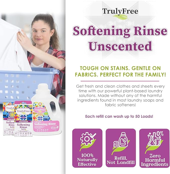 Truly Free Natural Fabric Softener | Non-Toxic for Babies & Kids Sensitive Skin | Plant-Based Laundry Softening Conditioner | Safe, Gentle & Chemical-Free | Unscented | 4 Pack Refill